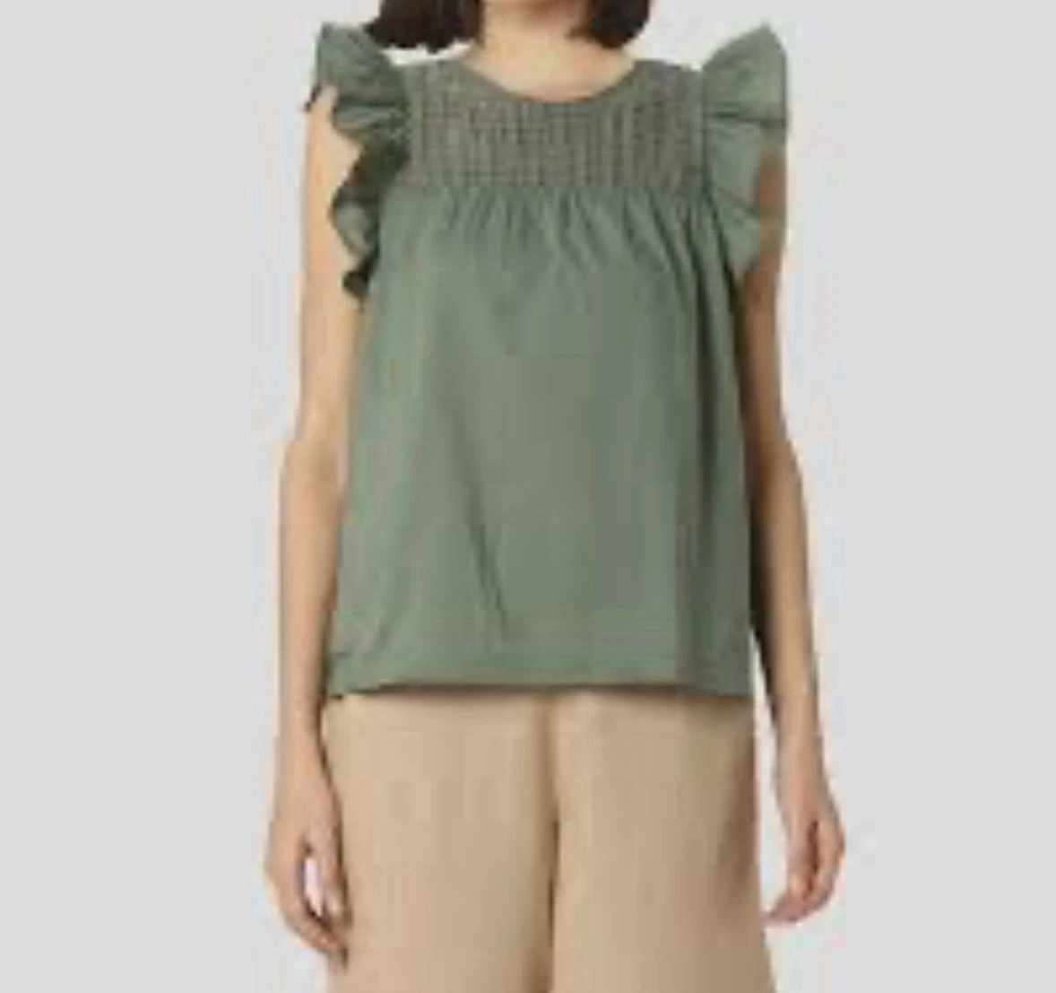 Vero green broderie eyelet lace yoke top flutter ruffle sleeve blouse size L