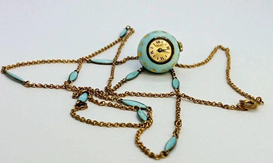 Vintage 925 Sterling Silver Guilloche Enamel Ball Watch Pendant Necklace - Изображение 2 из 4