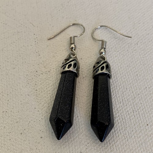 Sparkling Blue Goldstone Crystal Earrings Drop Dangle Healing Stones Points 1.5" - Picture 3 of 4