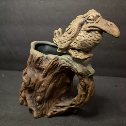 JIM RUMPH ART 1973 Splatter BIRD Pottery Mug Bird ON TREE TRUNK TROLL INSIDE 