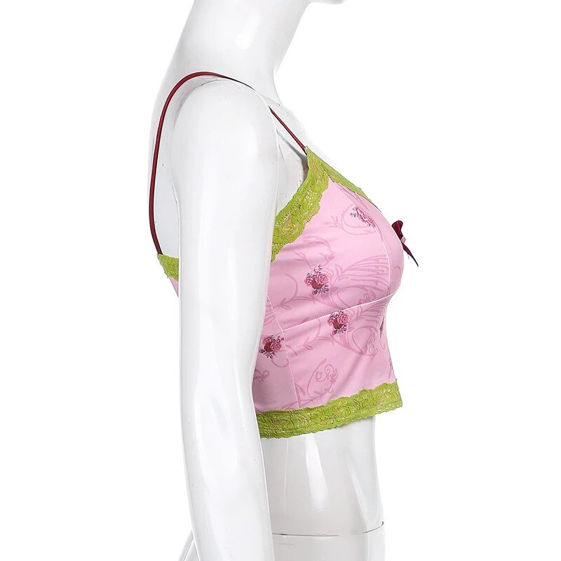 Vintage Rose Lace Trim Tank Top Sexy Pink Hippie V-Neck