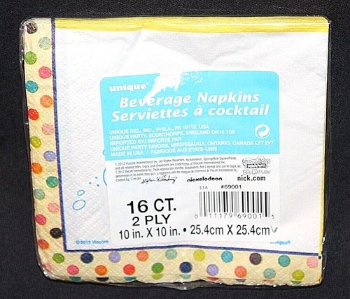 Unique Yellow/Multicolor SpongeBob SquarePants Beverage Napkins 16 Ct 2-Ply - Picture 2 of 2