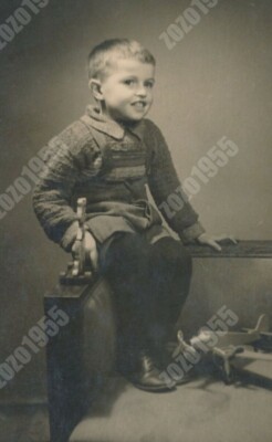 Boy with Toys Wooden Horse Airplane Model Kid Child Portrait Studio old PHOTO OR
