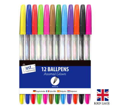 12 BALLPOINT MULTICOLOURED PEN SET Fine Medium Bright Colourful Ink TA1016 UK