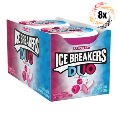 Full Box 8x Tins Ice Breakers Duo Fruit + Cool Raspberry | 50 Mint Tins | 1.3oz