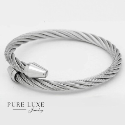 Men's Silver Stainless~Steel.Bangle Cable Adjustable Bracelet*Unisex + Box
