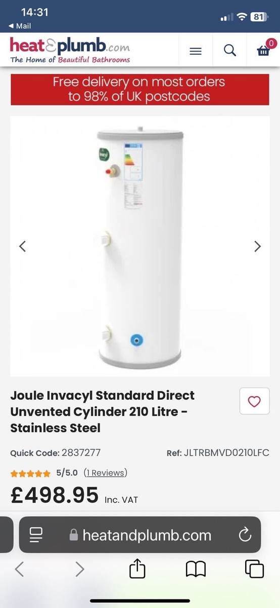 Joule 100 Litre Unvented Cylinder Joule Stainless Steel Cylinder