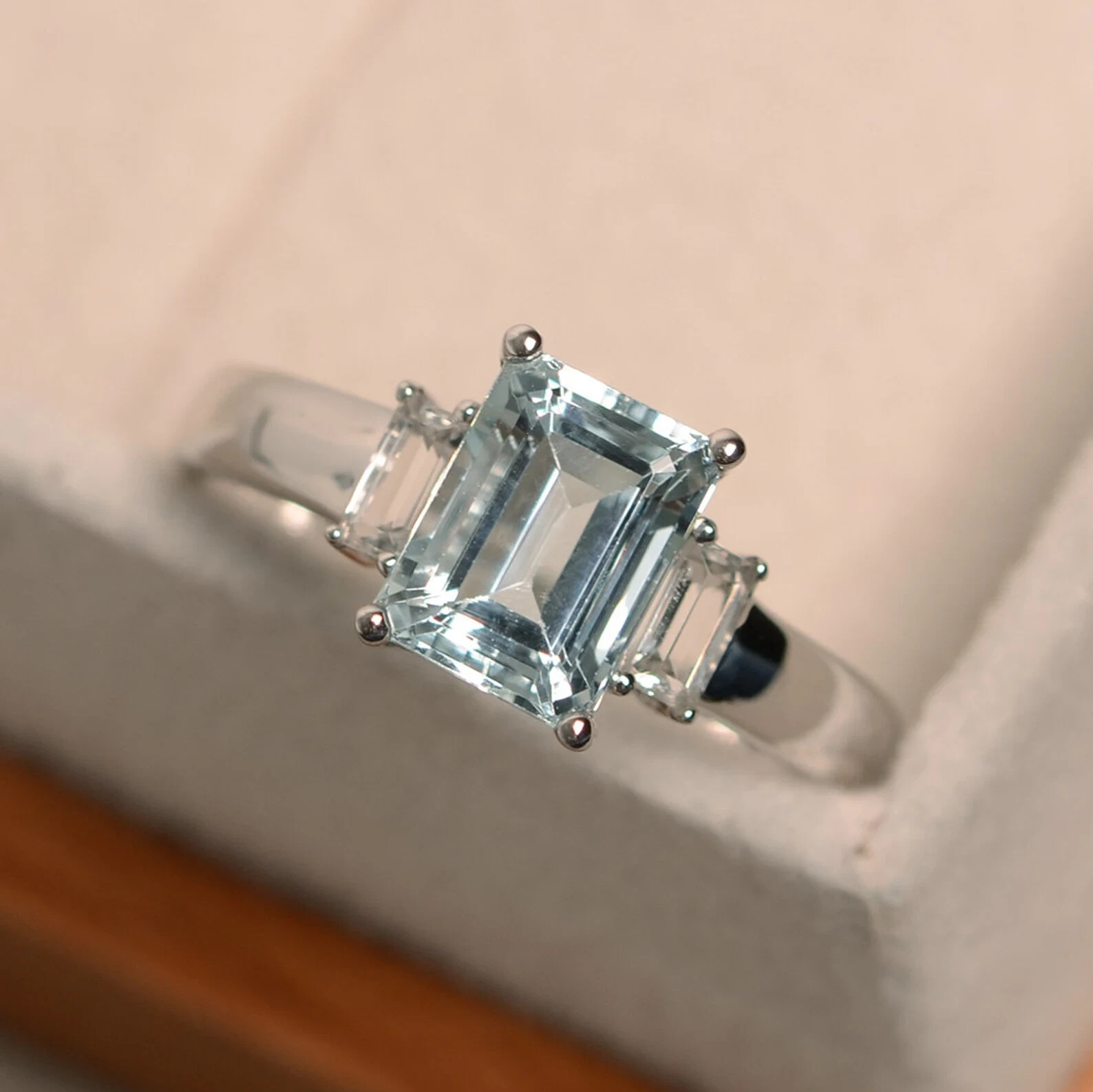 Aquamarine engagement ring emerald cut blue gemstone sterling silver-image