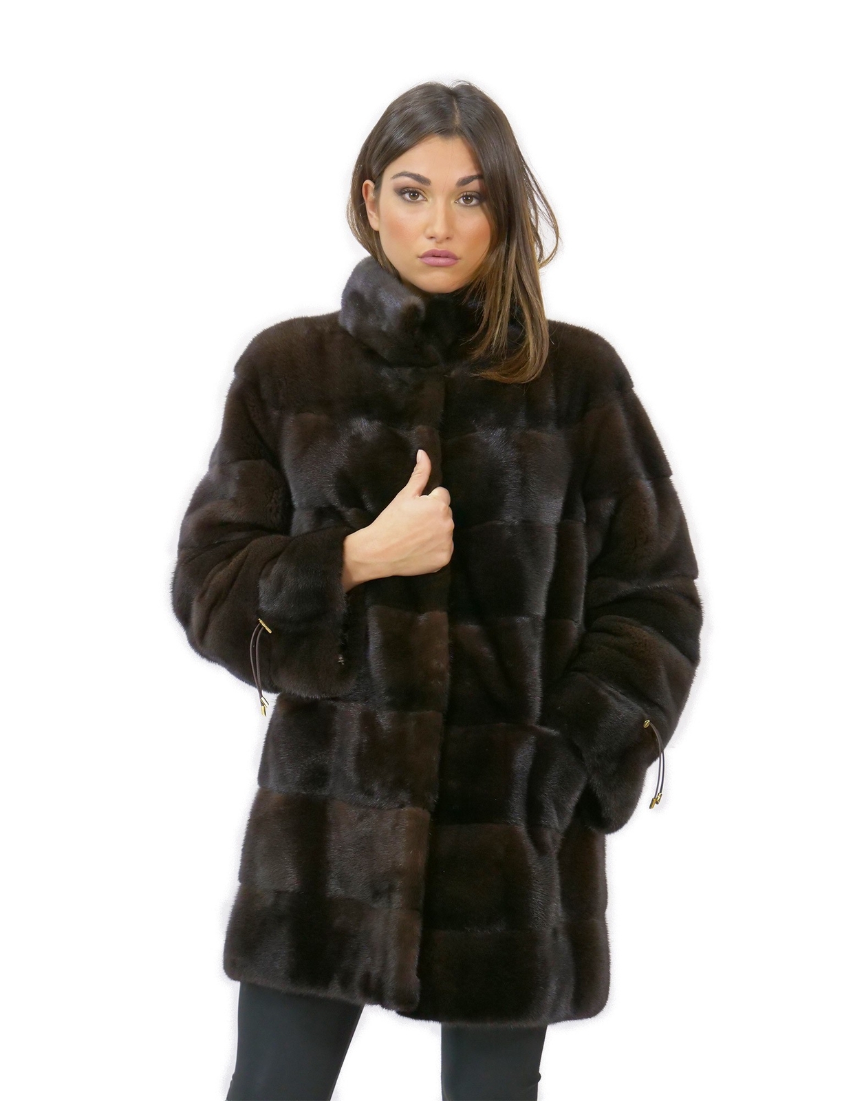 Women's 52 Mink Fur Coat Mahogany 81cm Long High Collar 3/4 Sleeves
