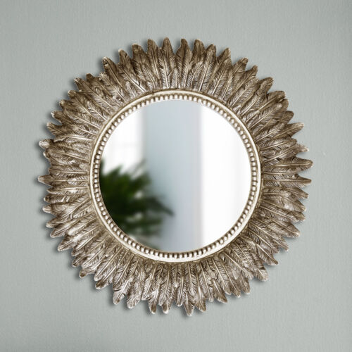 Distressed Silver Round Feathered, Sun Mirror Wall Decor Silver