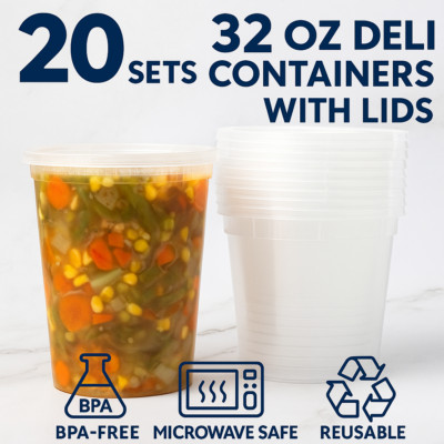 32oz Deli Containers with Lids   20 Sets, BPA Free, Heavy Duty, Microwavable