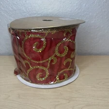 Farris Silk Designer Ribbon Red With Gold Glitter Luster 4" x 10yd Christmas New