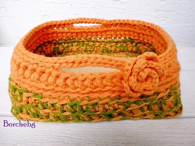 crochet basket with wooden base 20 x 16cm handwork pure cotton orange&green - Image 3 of 4