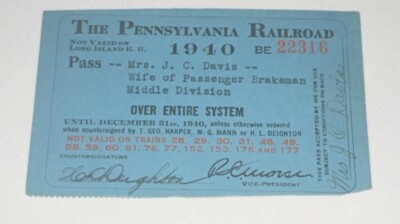 1940 Pennsylvania Railroad Jahreskarte Stub Fahrt Pass Gesamtsystem