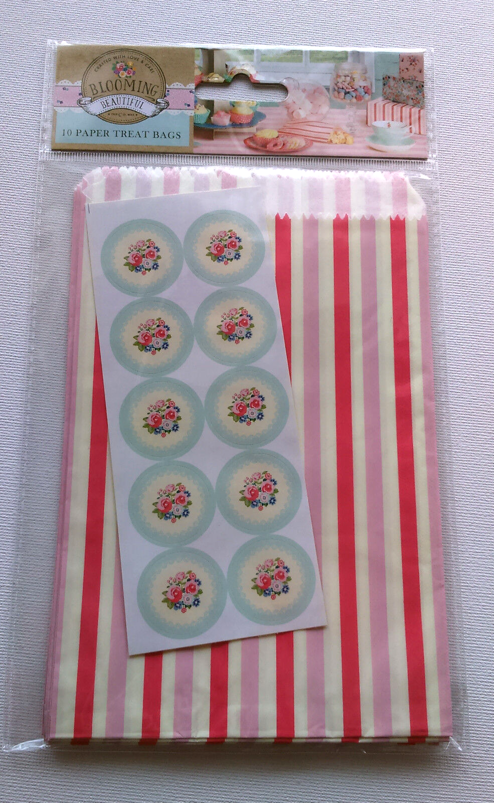 10 Pink Stripe PAPER TREAT BAGS & Sticker Seals BLOOMING BEAUTIFUL Roses Vintage