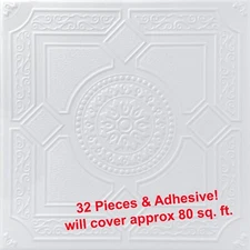 Ceiling Tiles, Glue Up Foam 20" x 20", LIMA White, 32 pcs & Adhesive (2 Tubes)