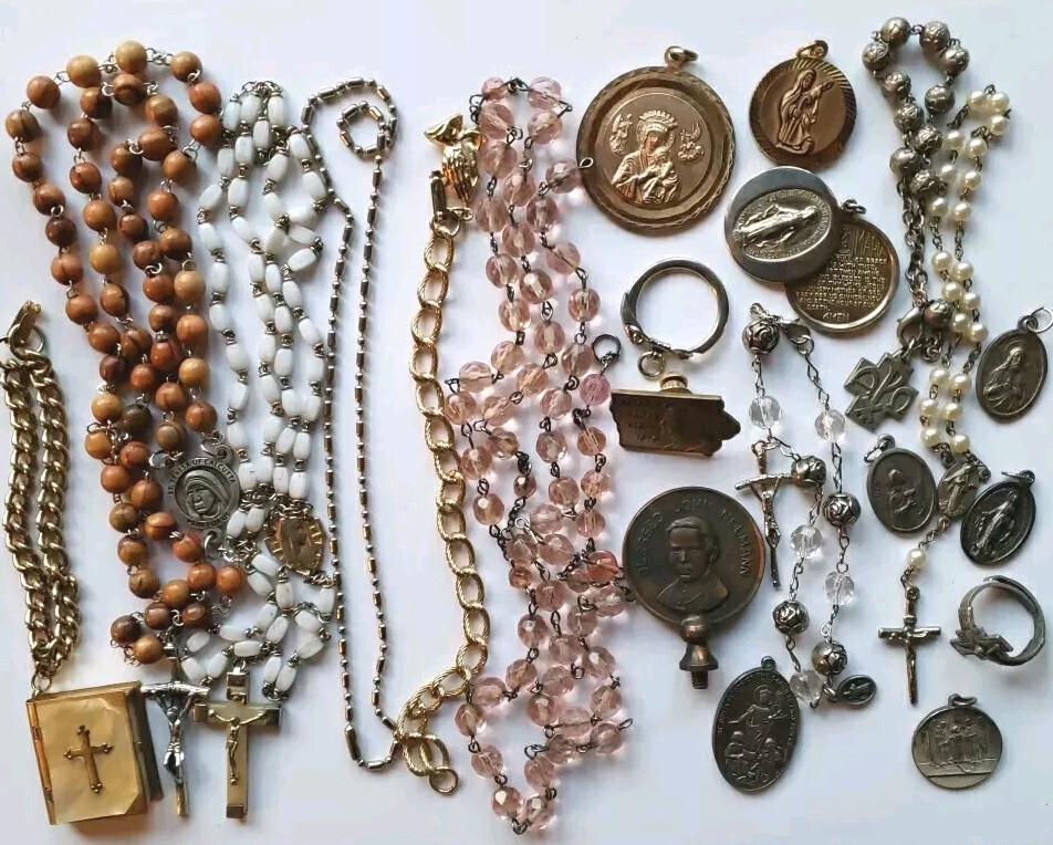Vtg Lot Rosary Beads Repair Parts Wood Wht Pink Glass Beads Saints