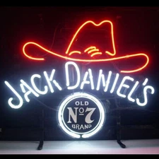 Jack Daniel's Old No. 7 Cowboy Hat Whiskey 20"x16" Neon Sign Light Real Glass