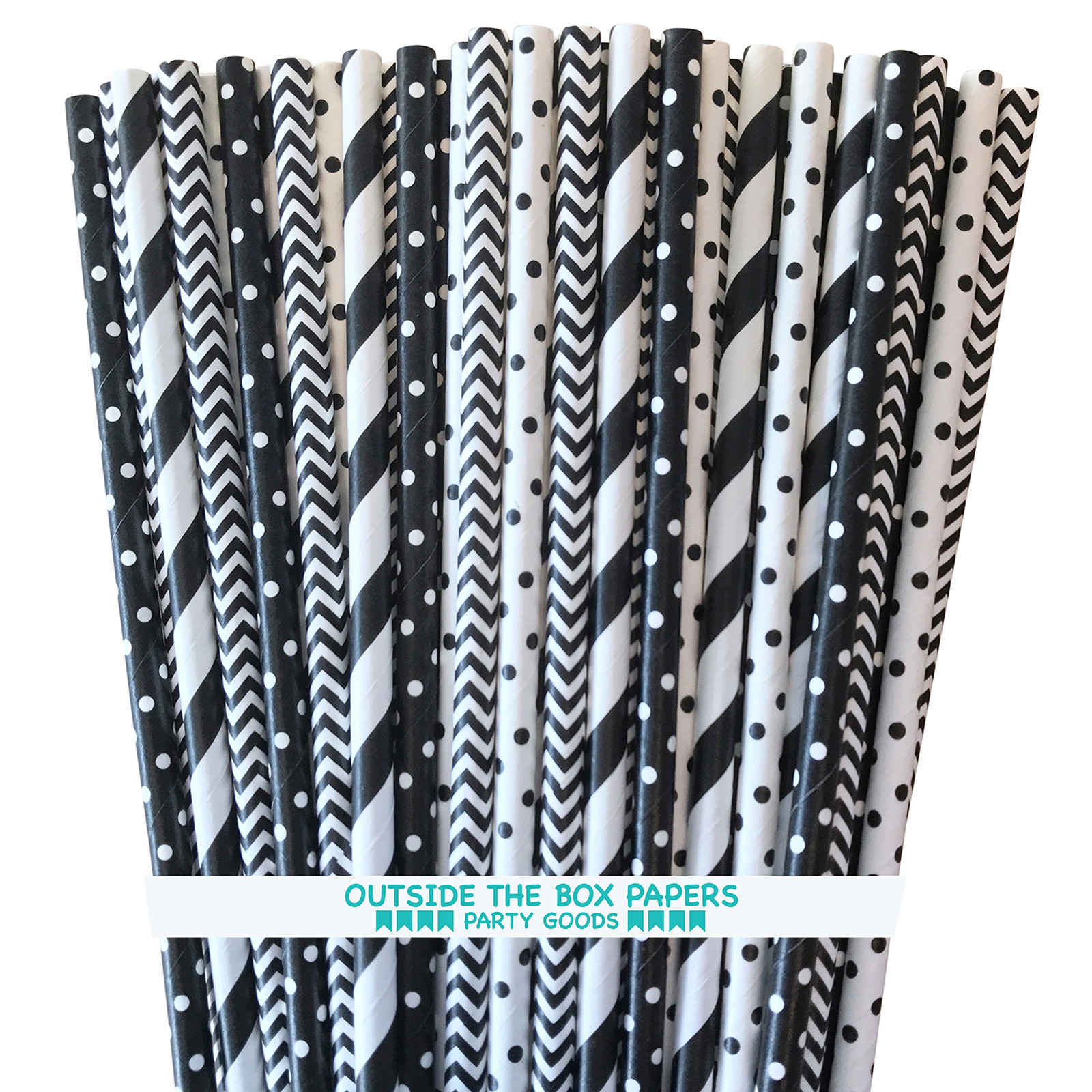 Black and White Stripe and Polka Dot Paper Drinking Straws 7.75 Inches 100 Pa...