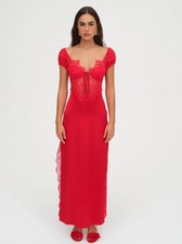 For Love and Lemons Casey Red Lace Maxi Silk Slit Dress XS NWT