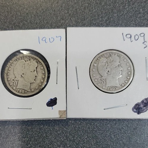 Barber Quarter 1907 & 1909 US 25C Silver Coins Lot of 2. #312