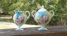 GERMAN fine CHINA "ROSE FLORAL" and GILT DECORATED FTD. CREAMER and SUGAR