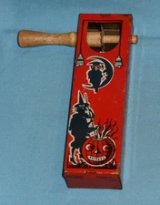 vintage Halloween Kirchhof tin NOISEMAKER witch pumpkin jol owl moon