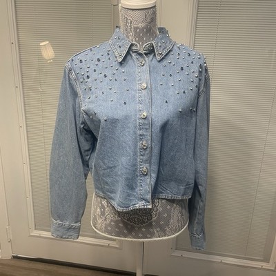 NWT ZARA Jeweled Rhinestone Cropped Denim Jean Shirt Bedazzled Button Front M