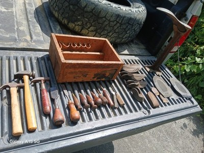 Antique Cobbler Shoemaker Tool Lot Shoe Irons Hammers Leather Tools Vintage