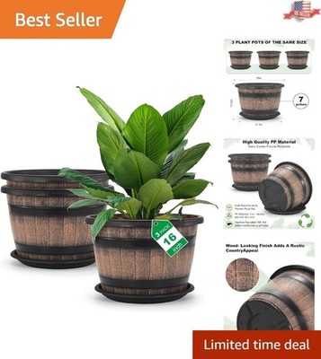 Weather Resistant 16 Inch Plant Pots - Imitation Wine Barrel Design with Saucer