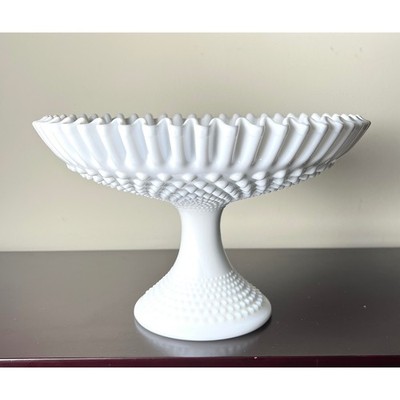 Vintage White Milk Glass Hobnail Pedestal Compote / Tazza Fenton-Style Unmarked