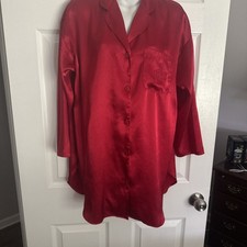 Vtg Victoria's Secret Satin Sleep Shirt Medium Red Long Sleeve Button Up Sz M