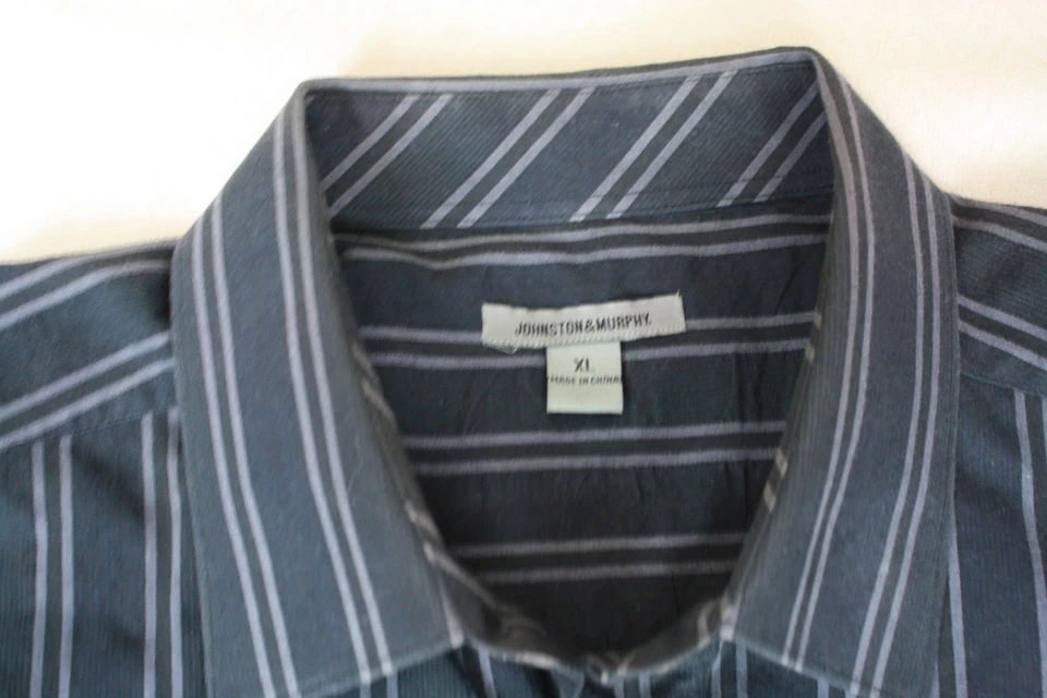 Camisa para hombre JOHNSTON & MURPHY negra gris a rayas todo algodón cuello en punta XL Foto 3 de 4