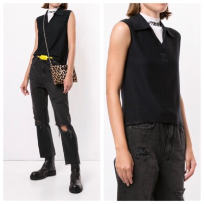 Authentic Vintage CHANEL CC Logo Silk Sleeveless Collared Shirt