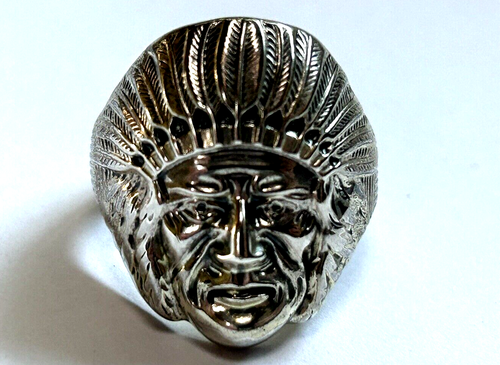 Old Vintage Men’s Biker Ring Indian Chief Head Dress Sterling Silver Sz 9.25