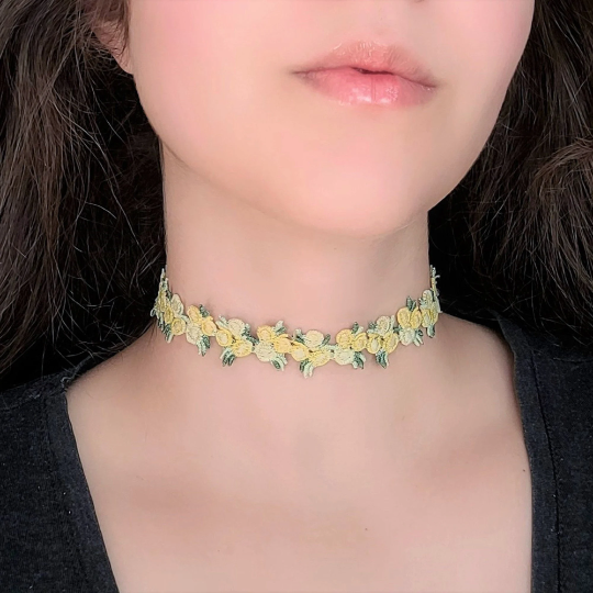 Yellow Rose Choker Floral Embroidered Flower Necklace Fairycore