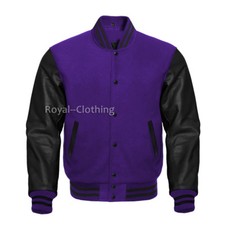 Varsity Baseball Letterman Wool and Black Genuine Leather Sleeves Jacket XS~7XL