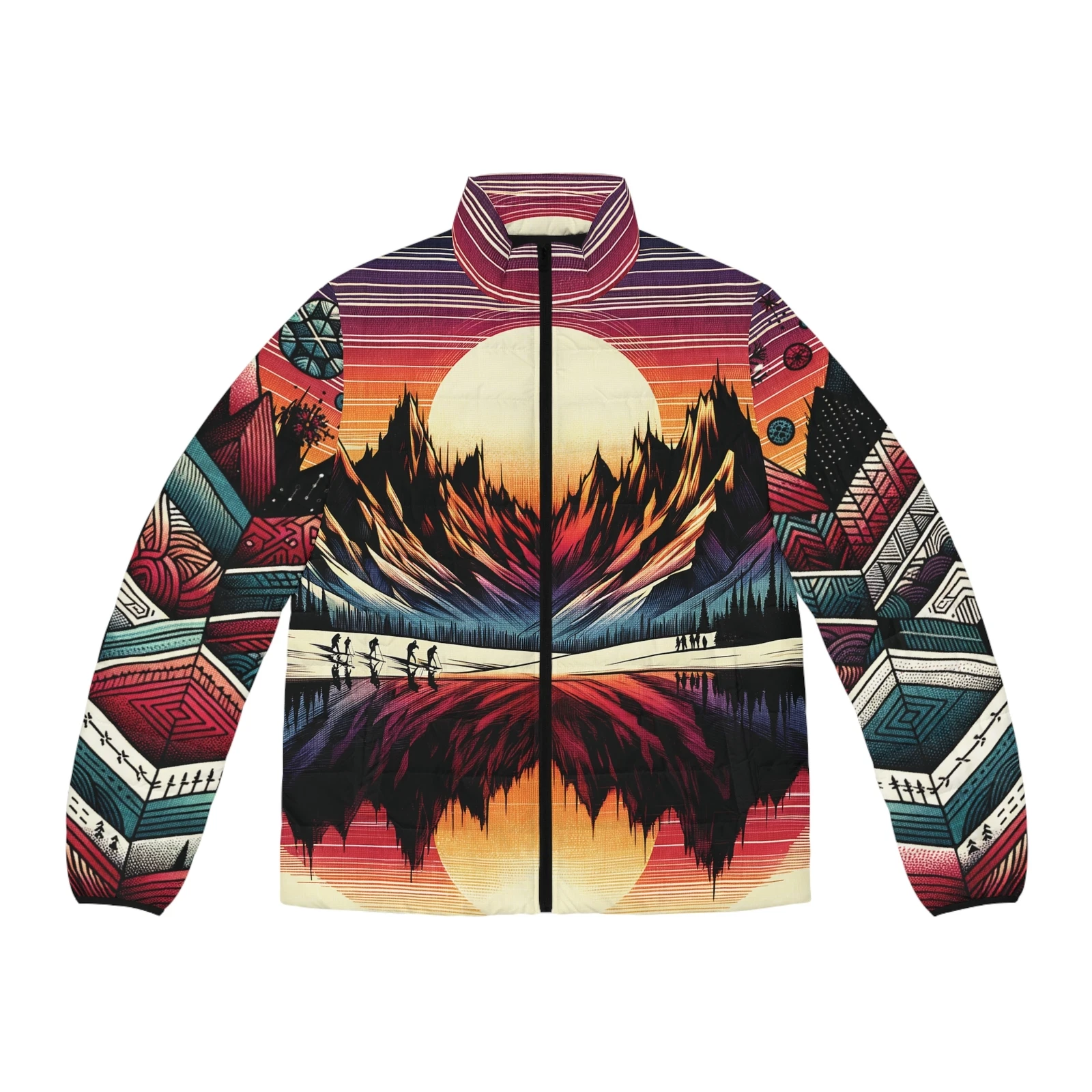 Mountain Sunset Puffer Jacket All Over Print Graphic Full-Zip Ski Hike Camp