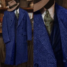 Men Long Overcoat Herringbone Coats Tweed Wool Blend Peak Lapel Double Breasted