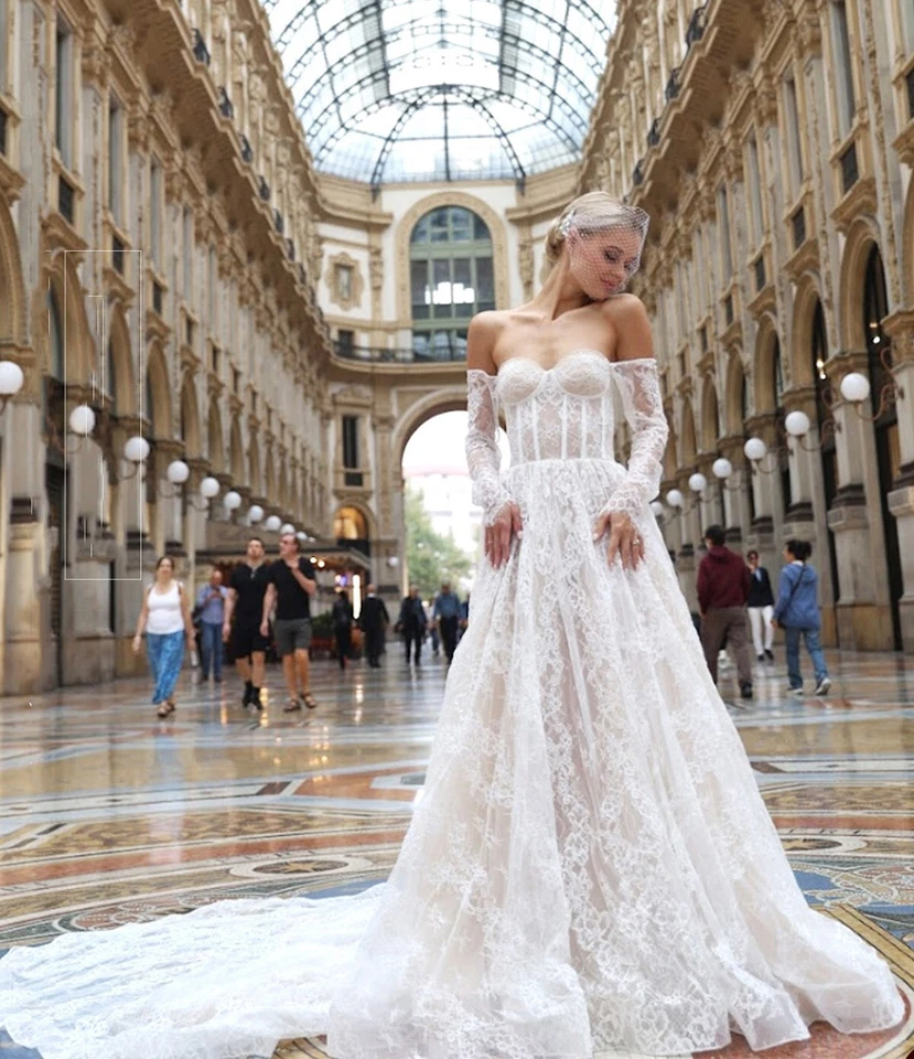 Vestidos de novia apliques de encaje fuera del hombro vestidos de baile de novia mangas largas novia Foto 2 de 4