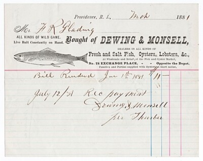 1881 DEWING MONSELL BILLHEAD SALT FISH OYSTERS LOBSTERS WILD GAME PROVIDENCE RI