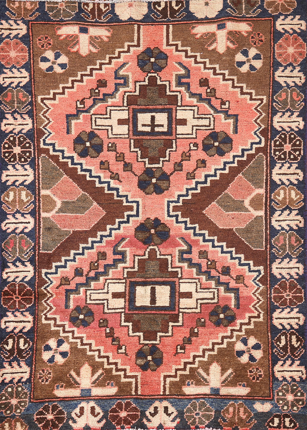 Alfombra tribal vintage Bakhtiari rosa/azul marino geométrica anudada a mano 3x5