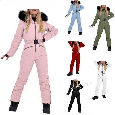 Women's Winter Hooded Ski Suit | Cotton Padded Warm Jumpsuits with Sashes