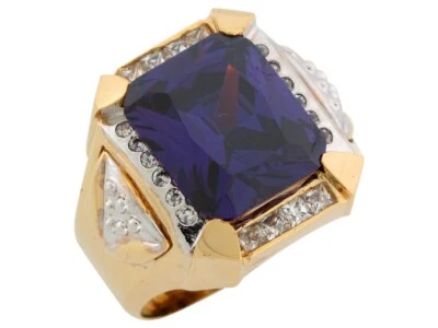 10k or 14k Two Tone Gold Simulated Amethyst and CZ February Birthstone Mens Ring - Image 1 of 4