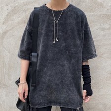 Unisex Men Loose Frayed Shirt Distressed Short Sleeve Tops Tee Gothic Harajuku