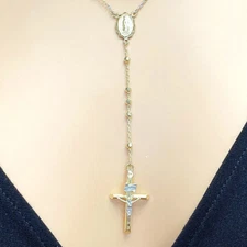 10K Tri-Color Gold 2.5mm Diamond-Cut Ball Beads Rosary Necklace (Hollow) 18"