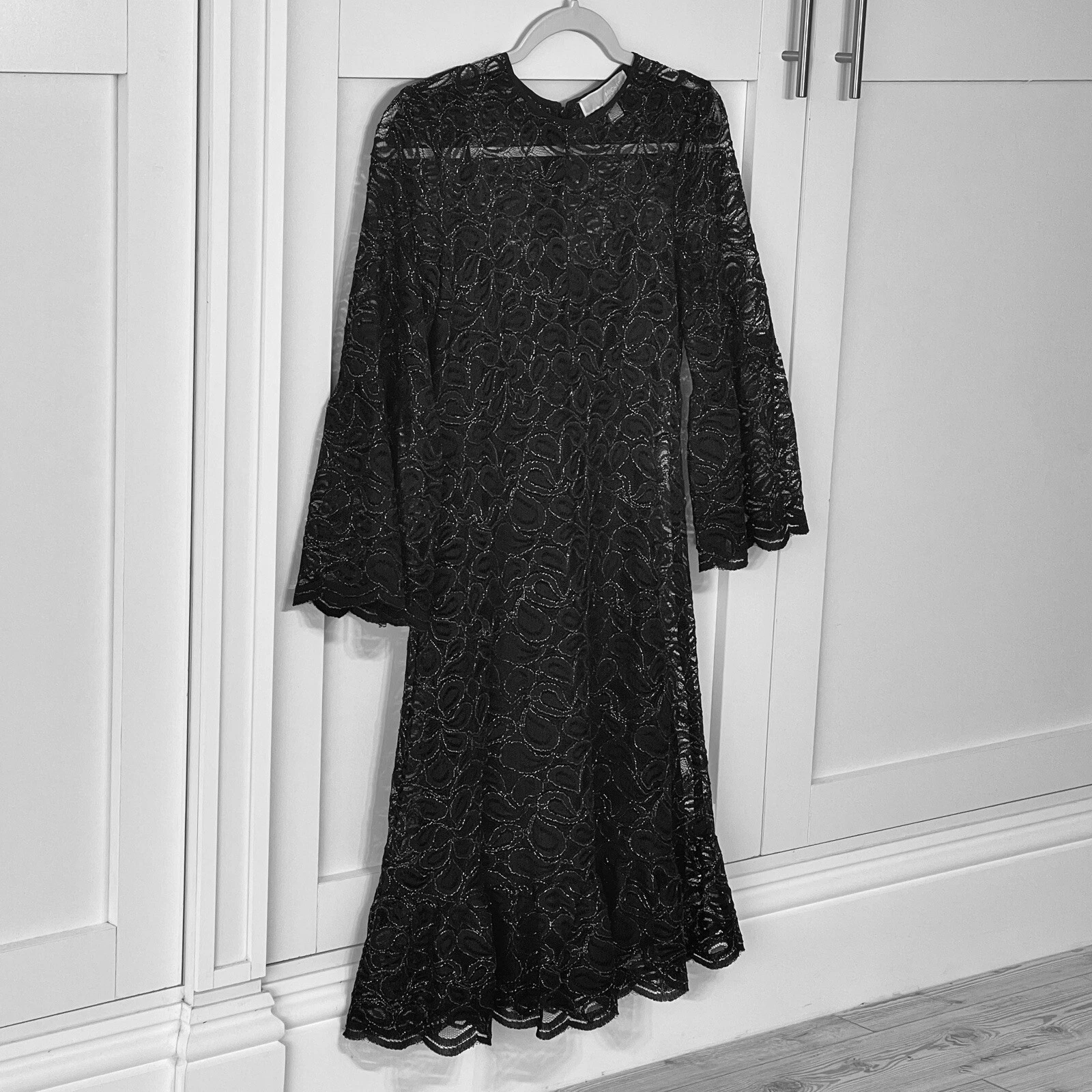 Abito donna Michael Kors pizzo taglia XS maniche a campana nero argento metallizzato nuovo