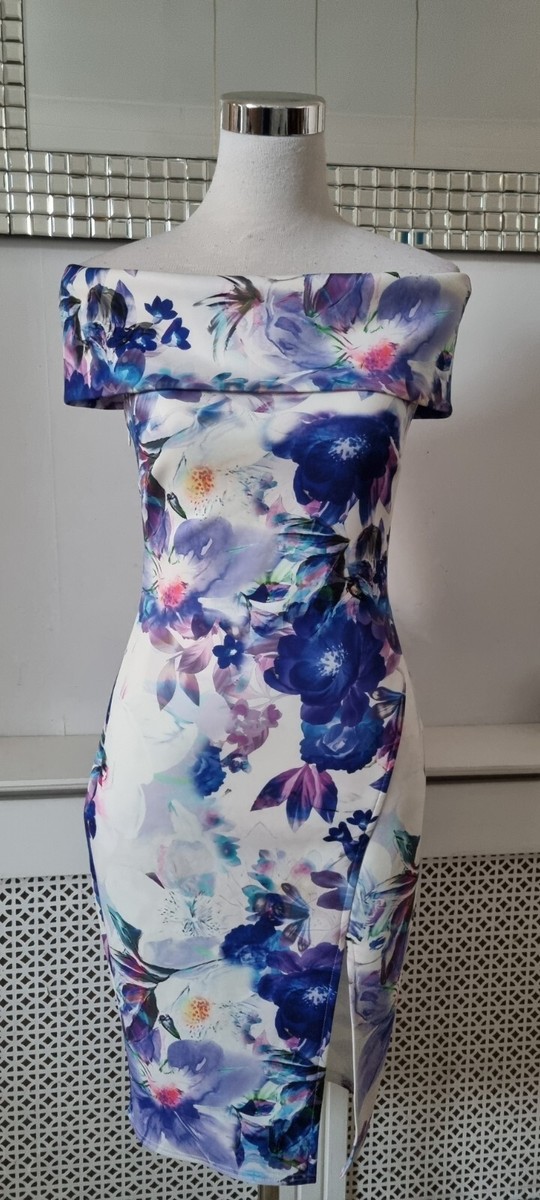 Jessica Wright Blue White Floral Off Shoulder Bardot Bodycon