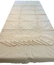 Embroidered Cutwork Linen Tablecloth 100x68 & 11 Napkins Cream Ivory Vintage Wow