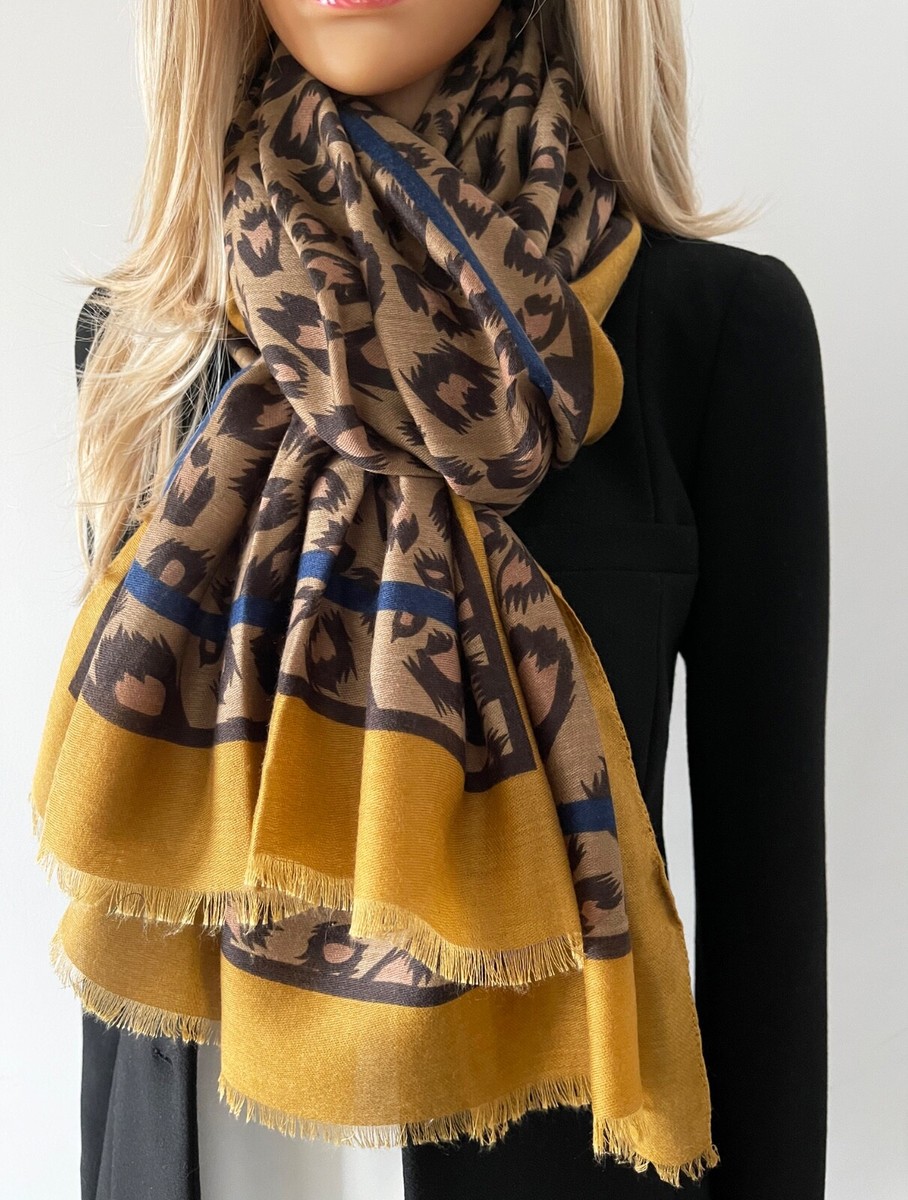 Large Leopard Print Scarf Mustard Yellow Navy Striped Animal Long Cotton  Shawl